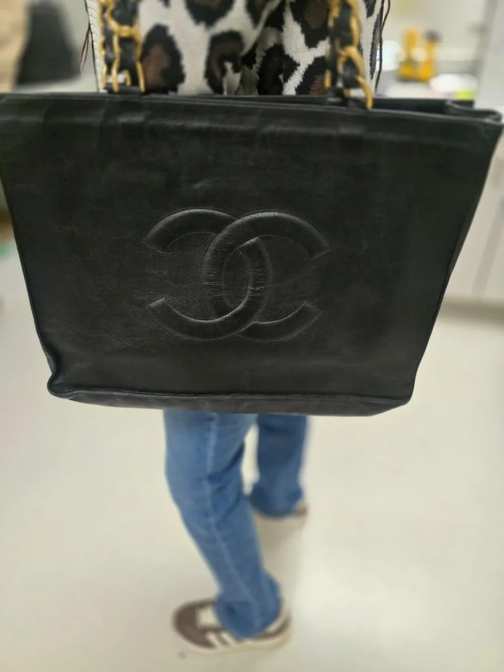 Vintage Chanel CC Chain Shopping Tote Bag Black Lambskin Gold Hardware
